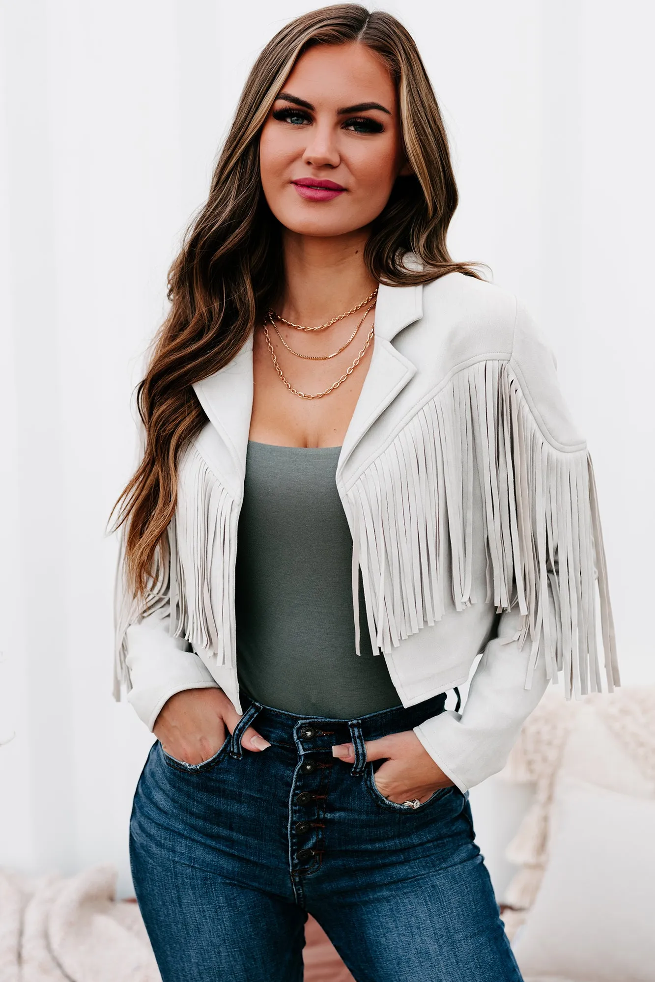 Ernest Faux Suede Fringe Moto Jacket (Light Grey)