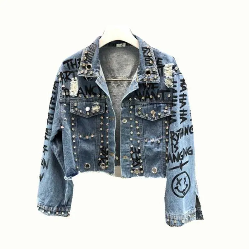 Fashion Street Rhinestone Studded Hand Graffiti Ripped Cropped Denim Jacket