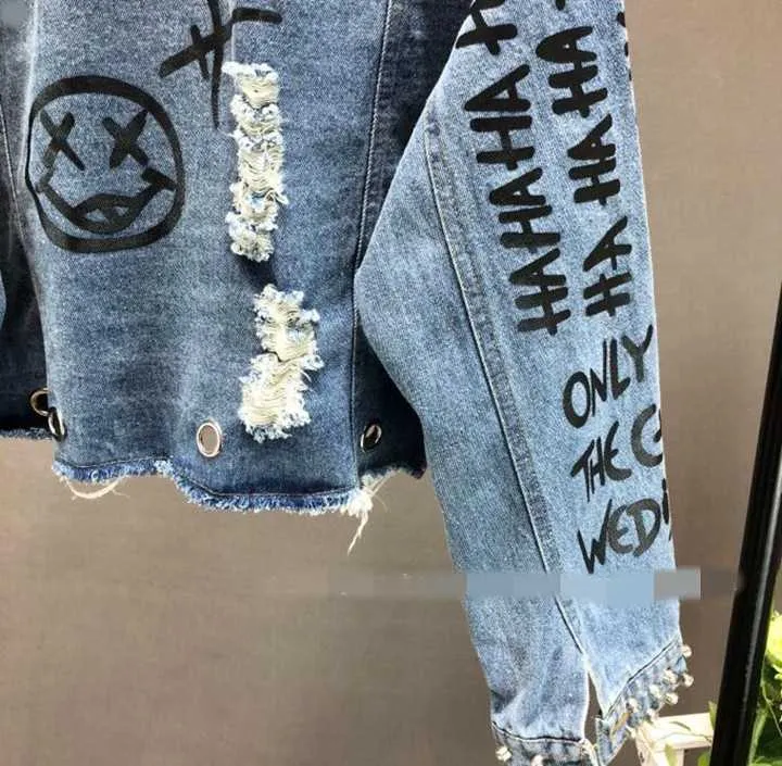 Fashion Street Rhinestone Studded Hand Graffiti Ripped Cropped Denim Jacket