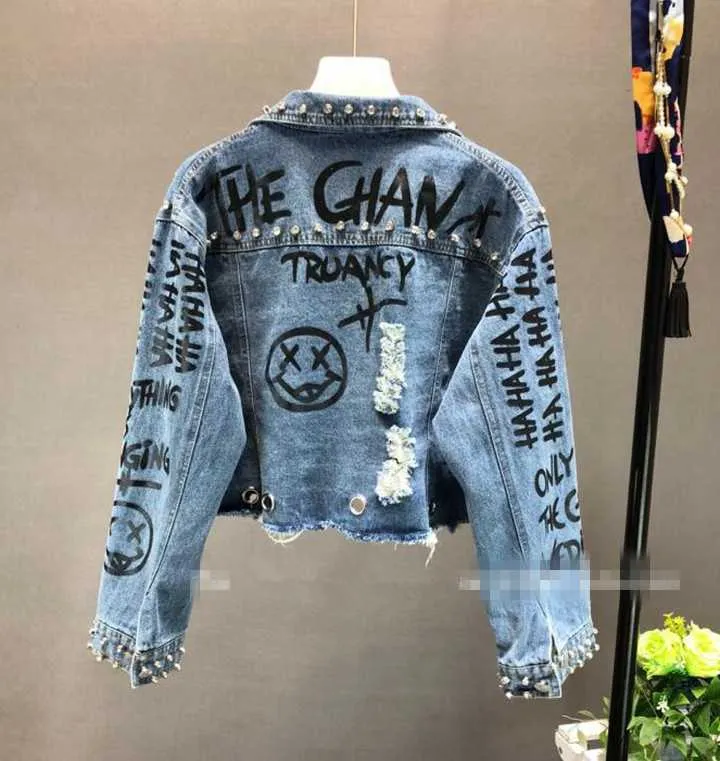 Fashion Street Rhinestone Studded Hand Graffiti Ripped Cropped Denim Jacket