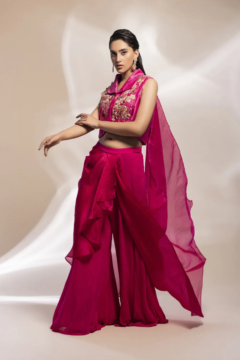 Fuscia Cropped Jacket With Gold Embellishments   Pleated Organza Sharara