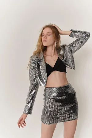 Glammy Silver Sequin Cropped Jacket