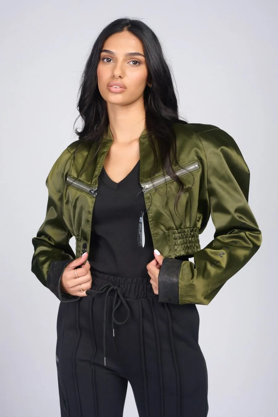 Green cropped satin bomber jacket | CROP SATIN BOMBER JACKET