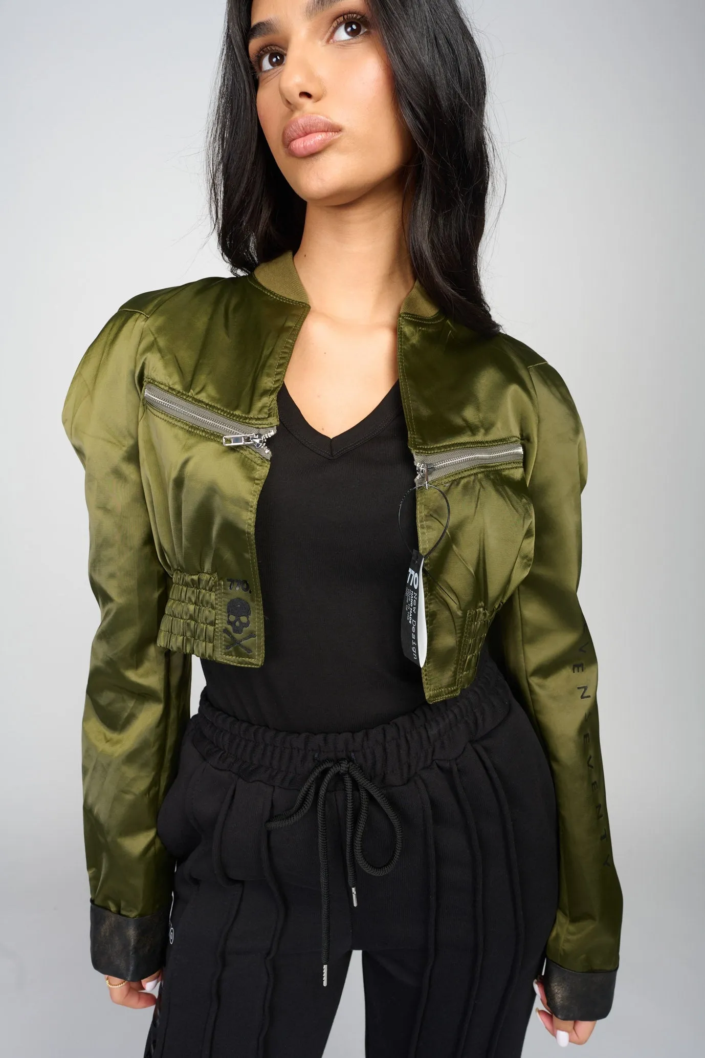 Green cropped satin bomber jacket | CROP SATIN BOMBER JACKET