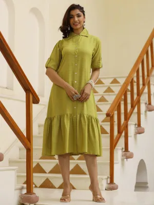 Green Self Weave Rayon Shirt Dress With Belt