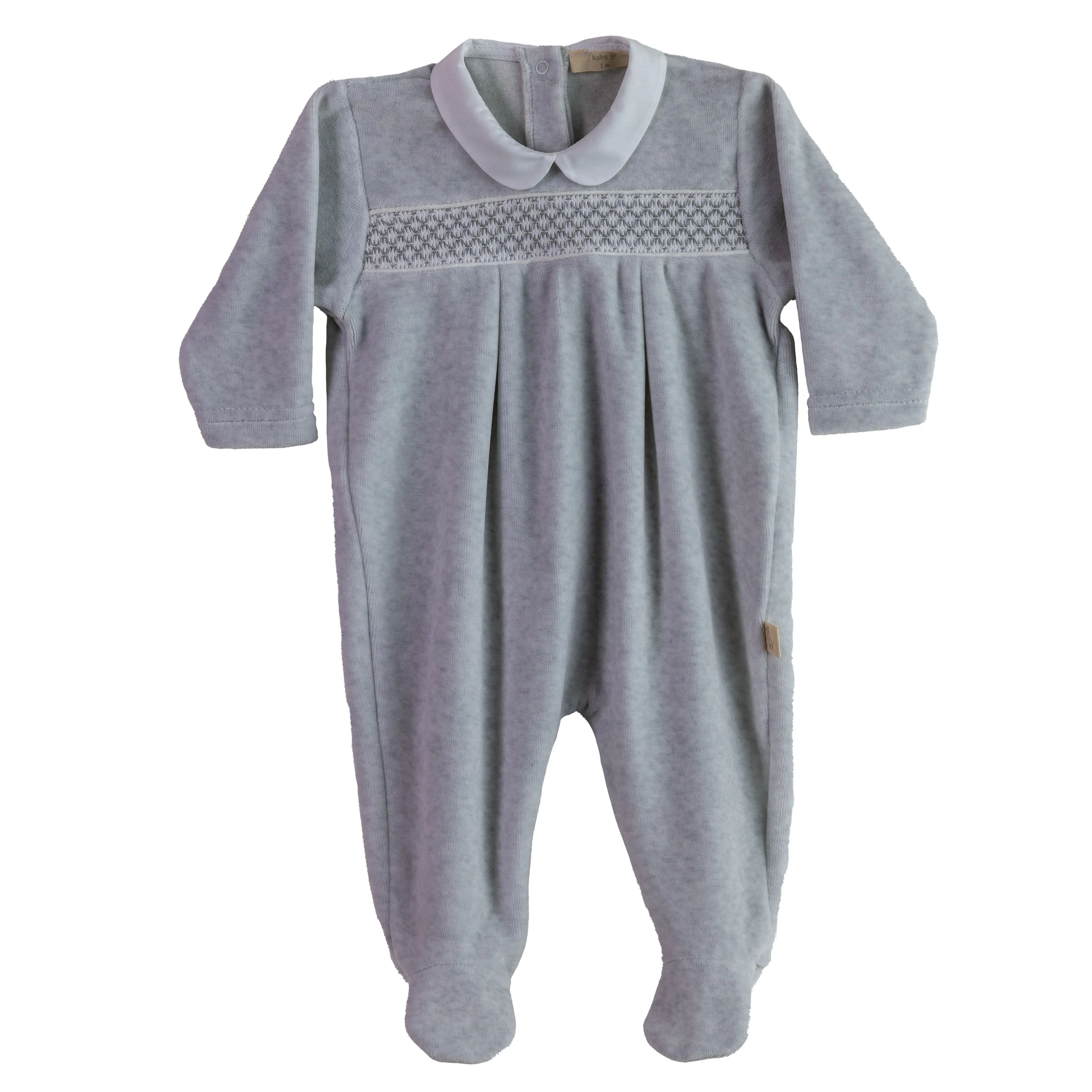 Grey Smocked Footed Romper with Peter Pan Collar