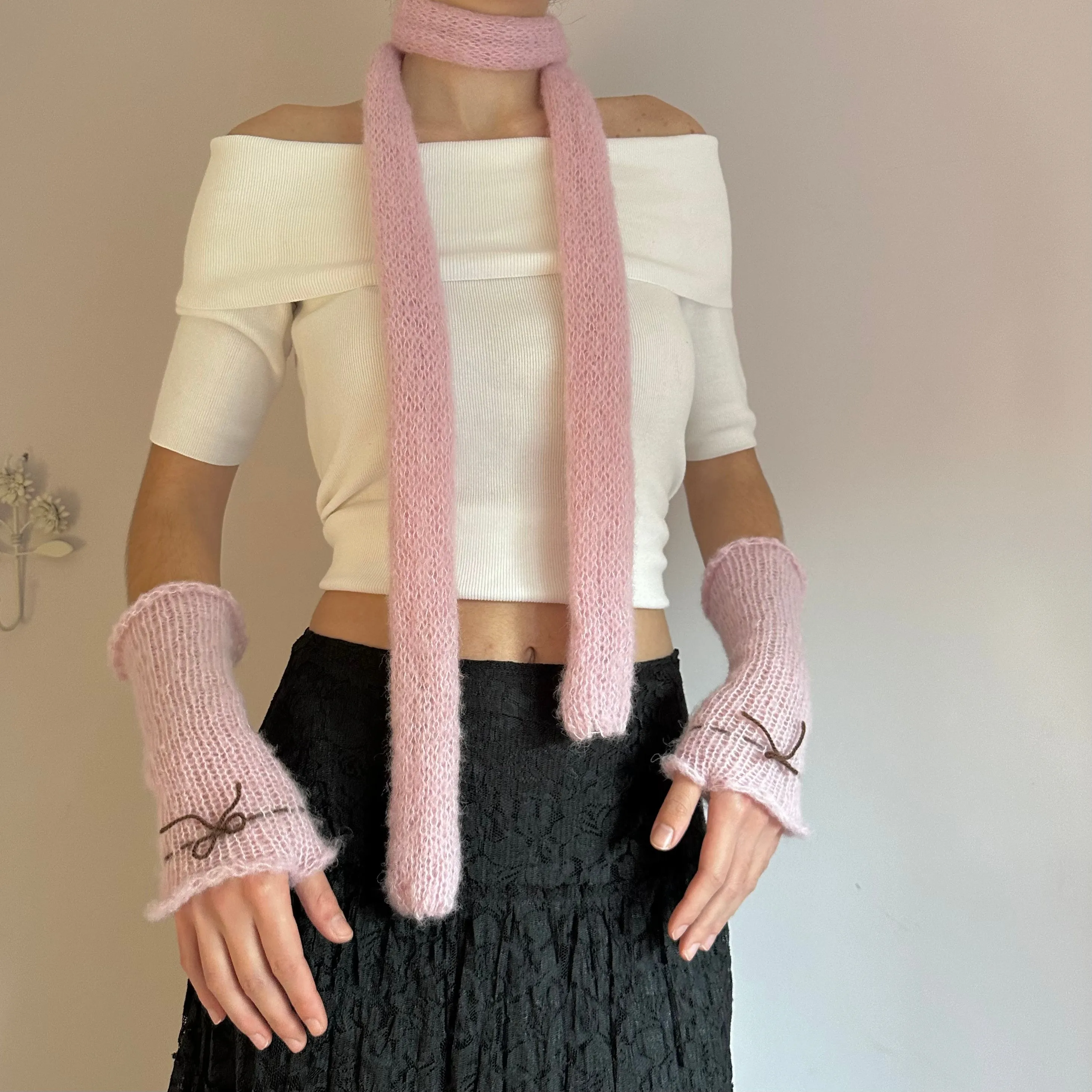 Handmade knitted mohair skinny scarf in baby pink