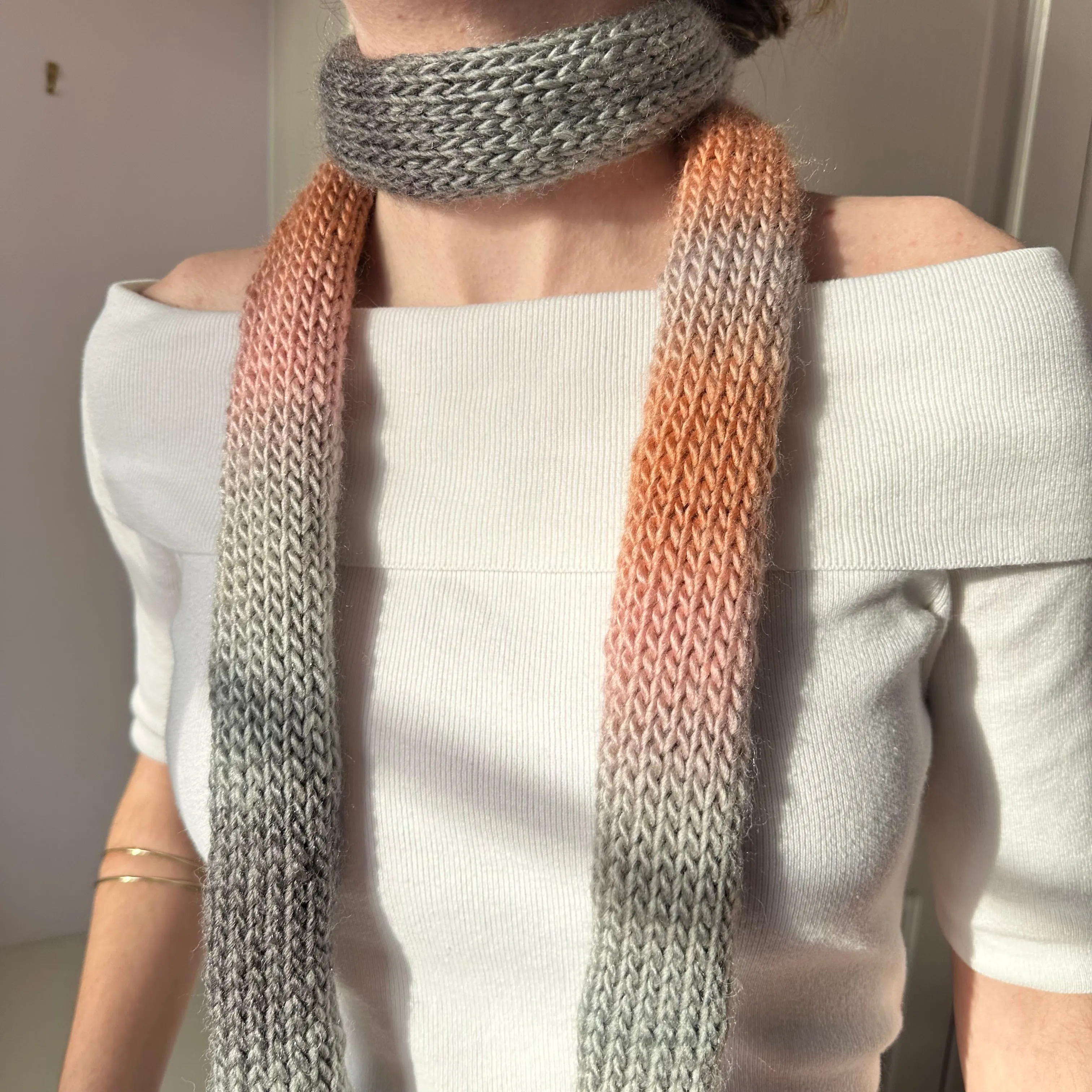 Handmade knitted ombré skinny scarf  in grey and salmon pink