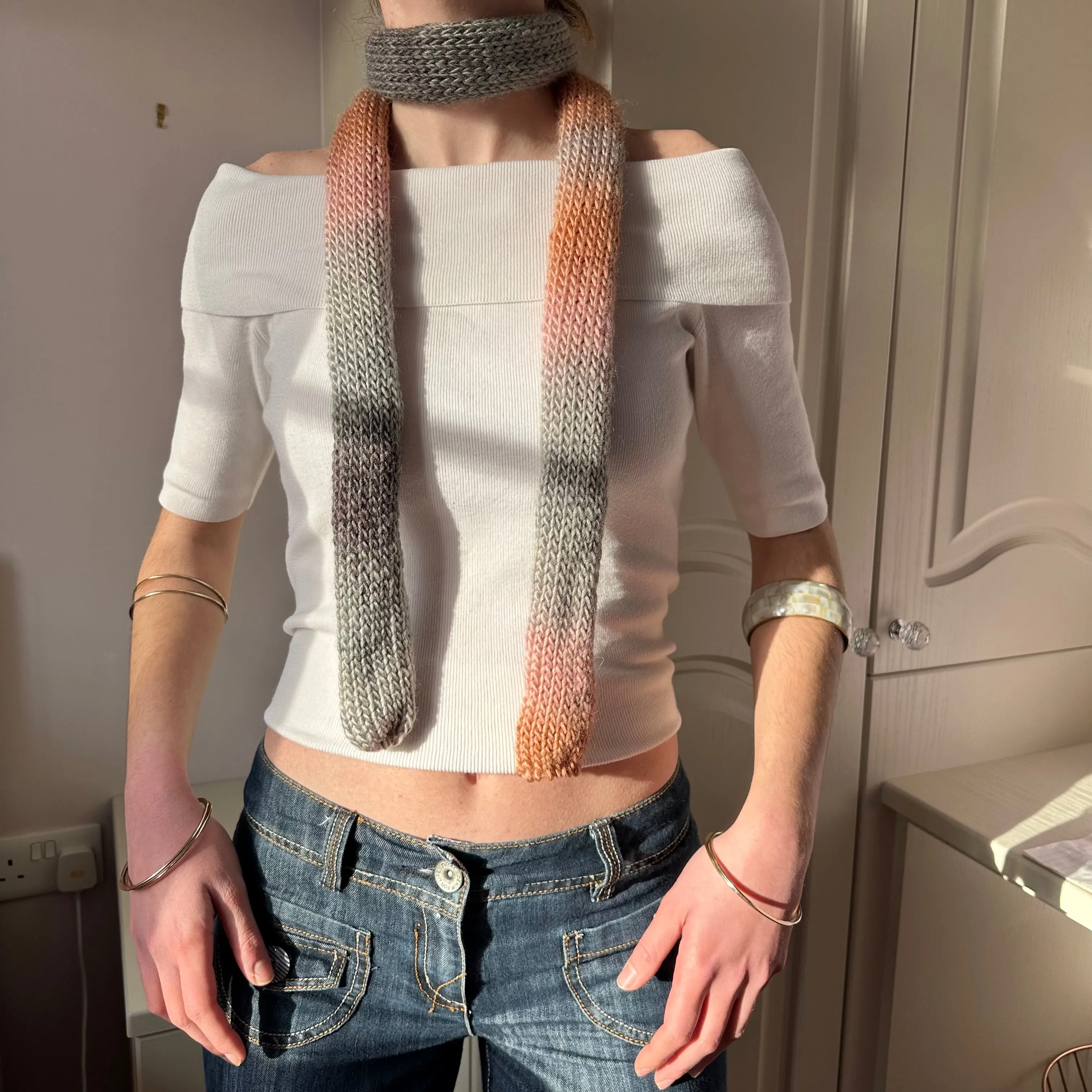 Handmade knitted ombré skinny scarf  in grey and salmon pink