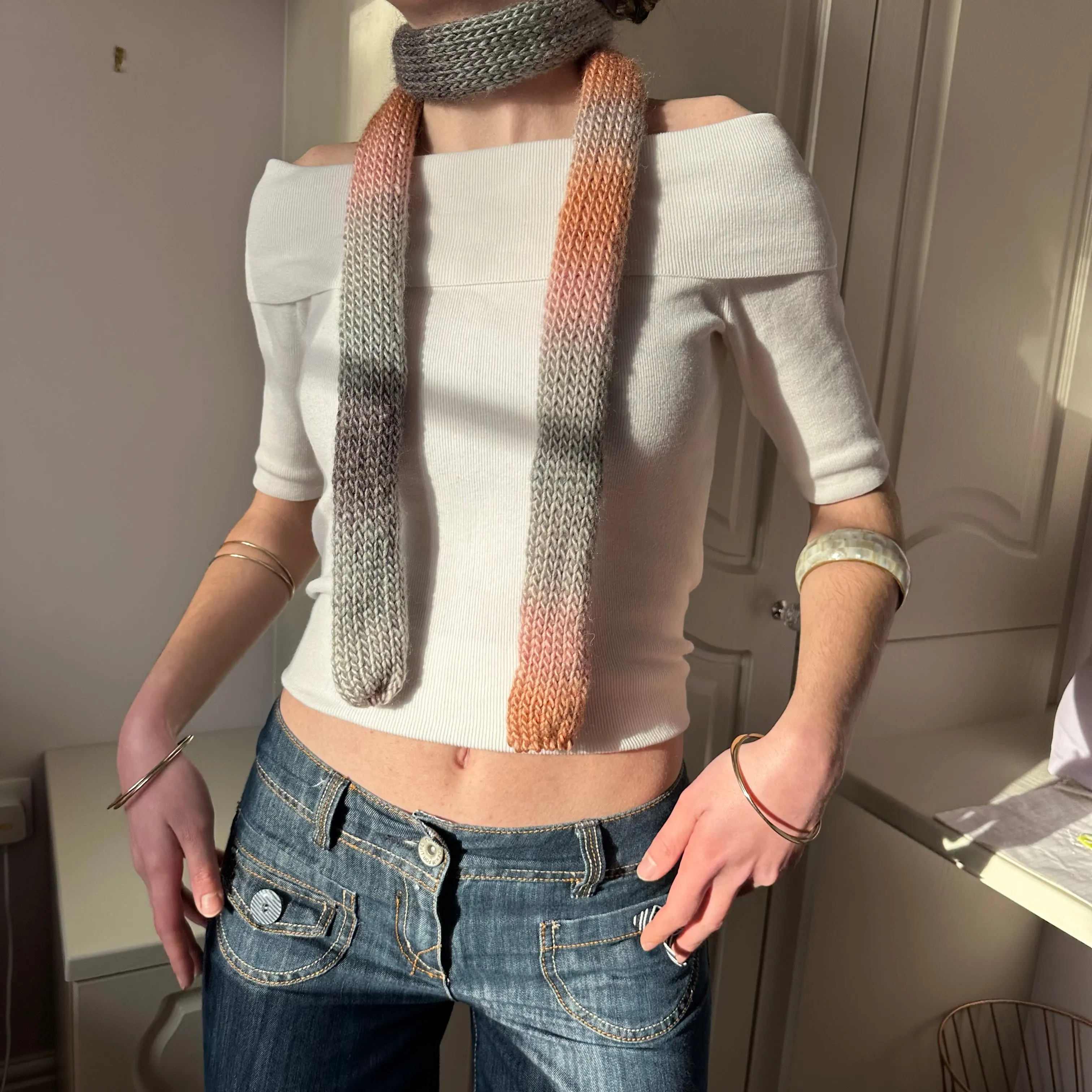 Handmade knitted ombré skinny scarf  in grey and salmon pink