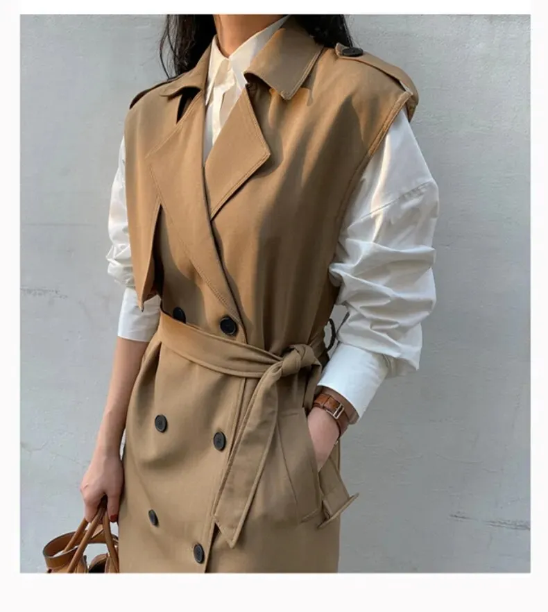 HEYFANCYSTYLE Khaki Long Sleeveless Trench Coat