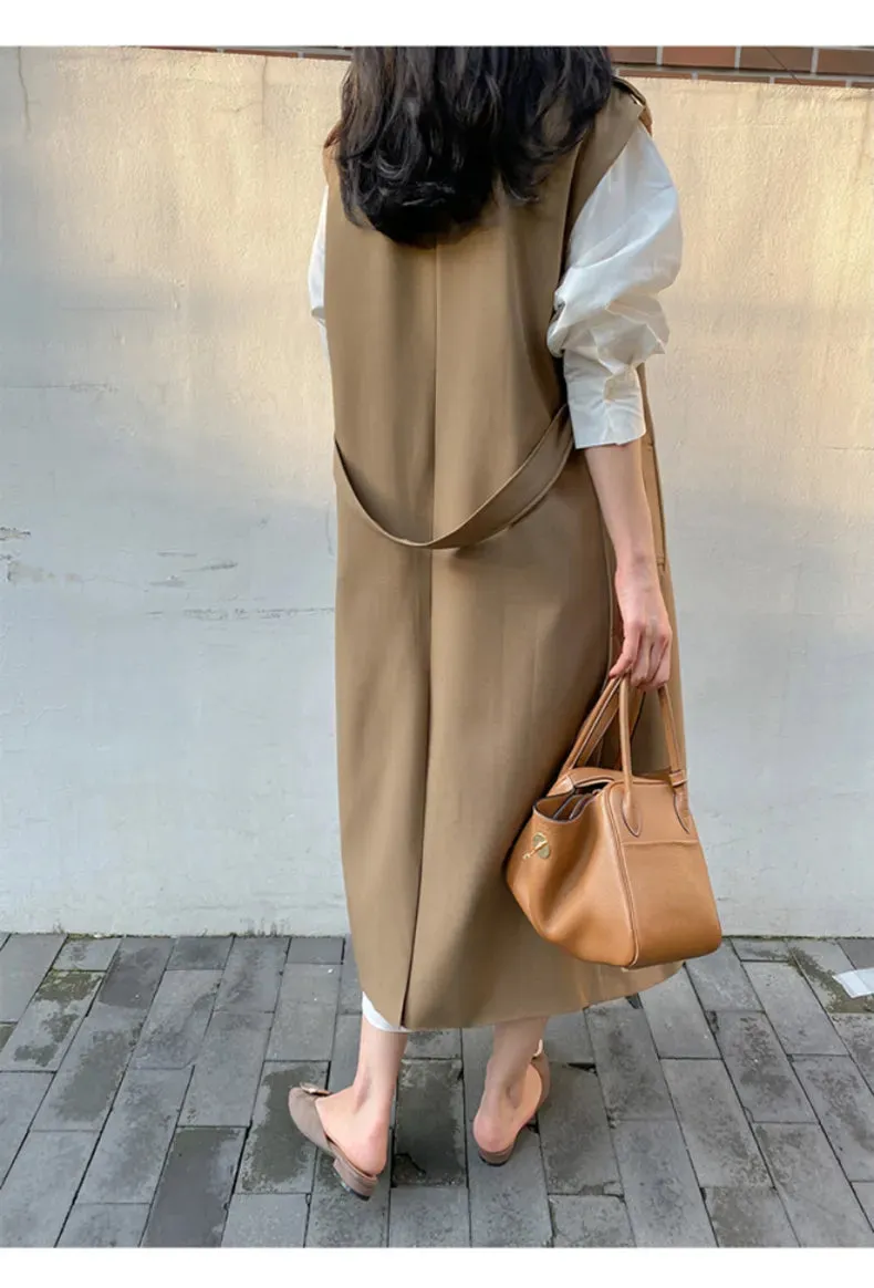 HEYFANCYSTYLE Khaki Long Sleeveless Trench Coat