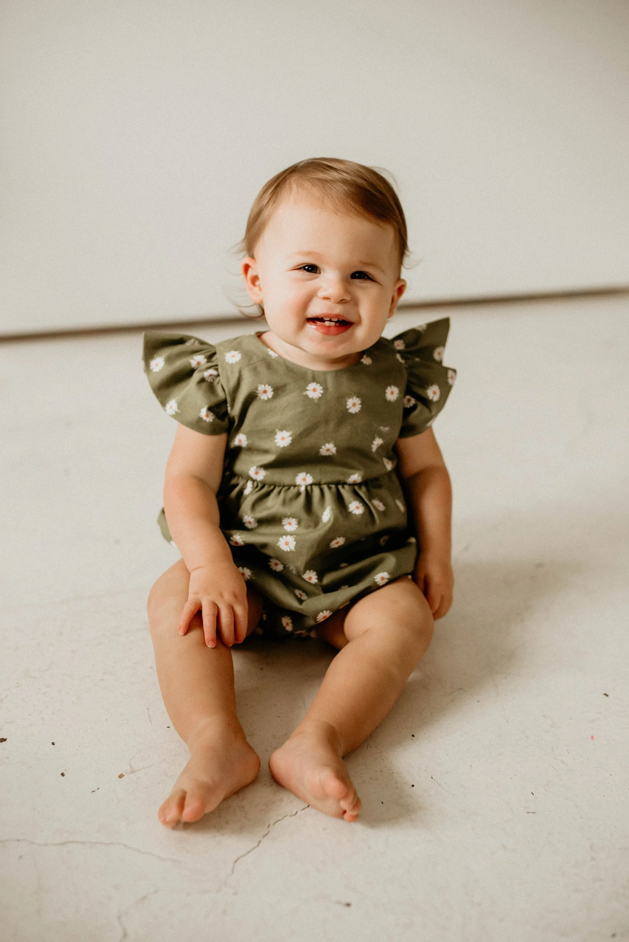 Infant Girl's Olive Green Daisy Print Bubble Romper