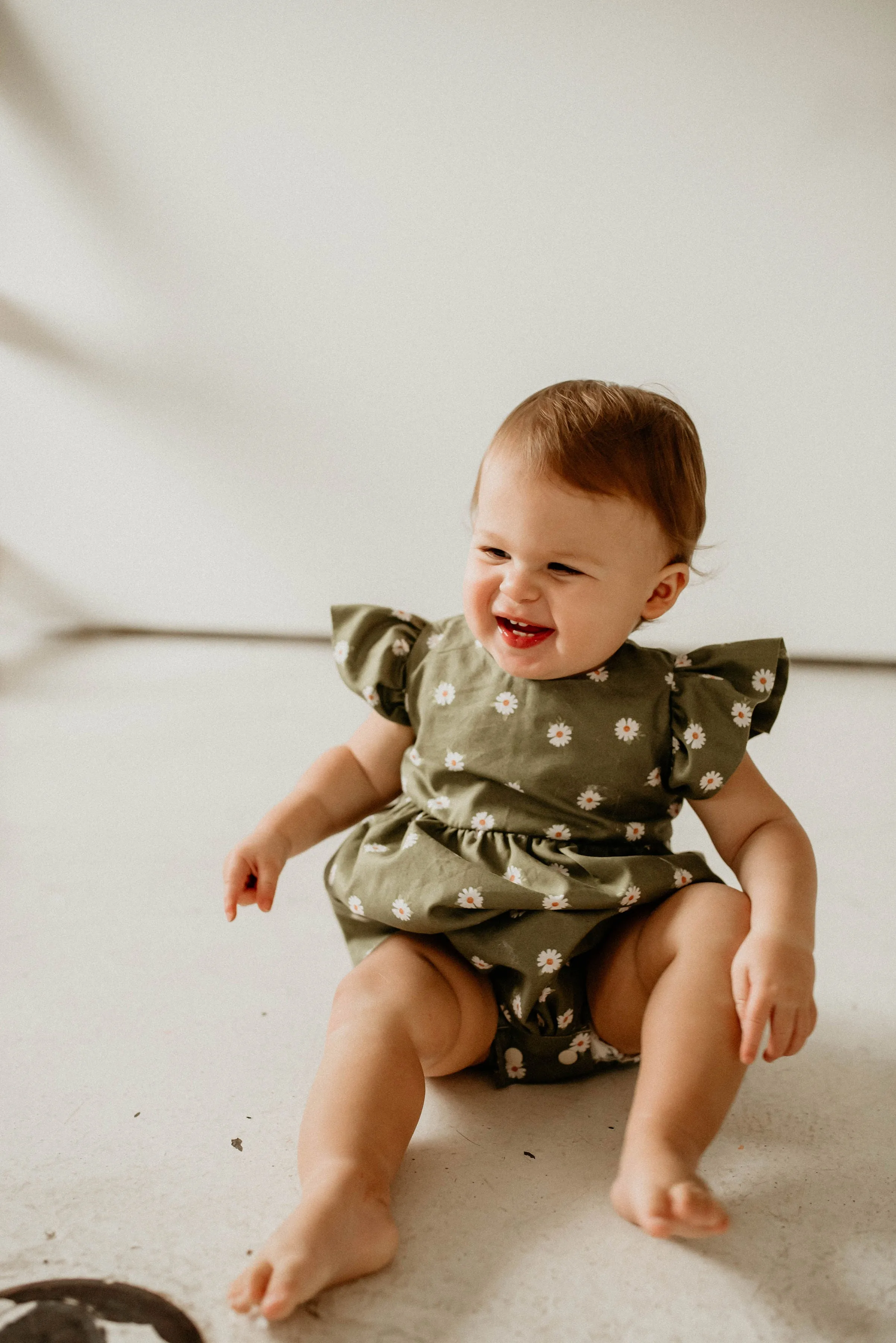 Infant Girl's Olive Green Daisy Print Bubble Romper