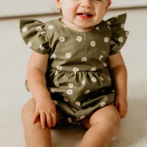 Infant Girl's Olive Green Daisy Print Bubble Romper