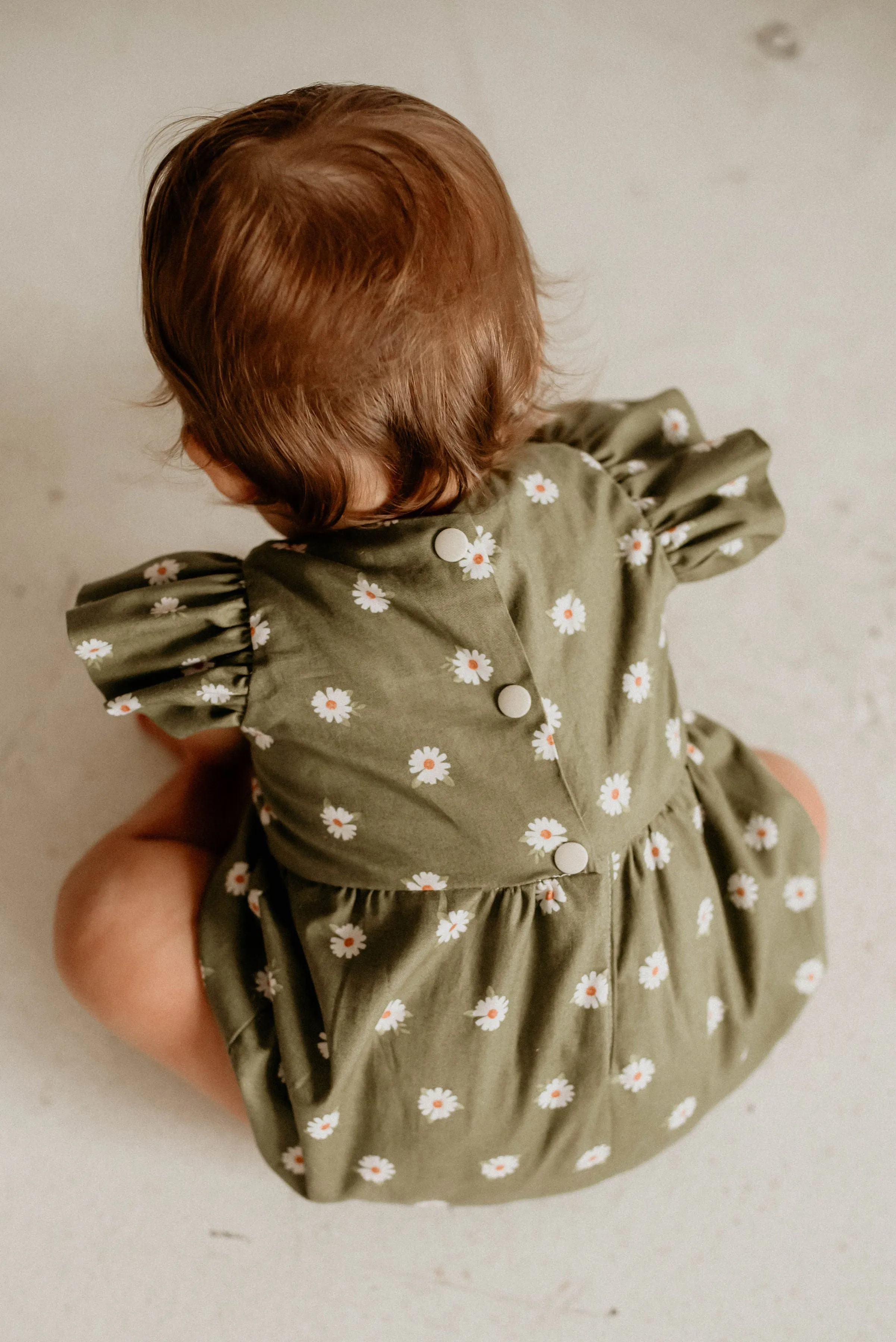 Infant Girl's Olive Green Daisy Print Bubble Romper