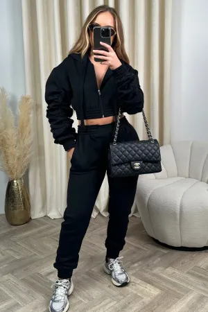 Katie black cropped jacket jogger loungewear set