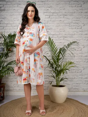 KRISHA - BEIGE FLORAL PRINT A-LINE SHIRT MATERNITY DRESS