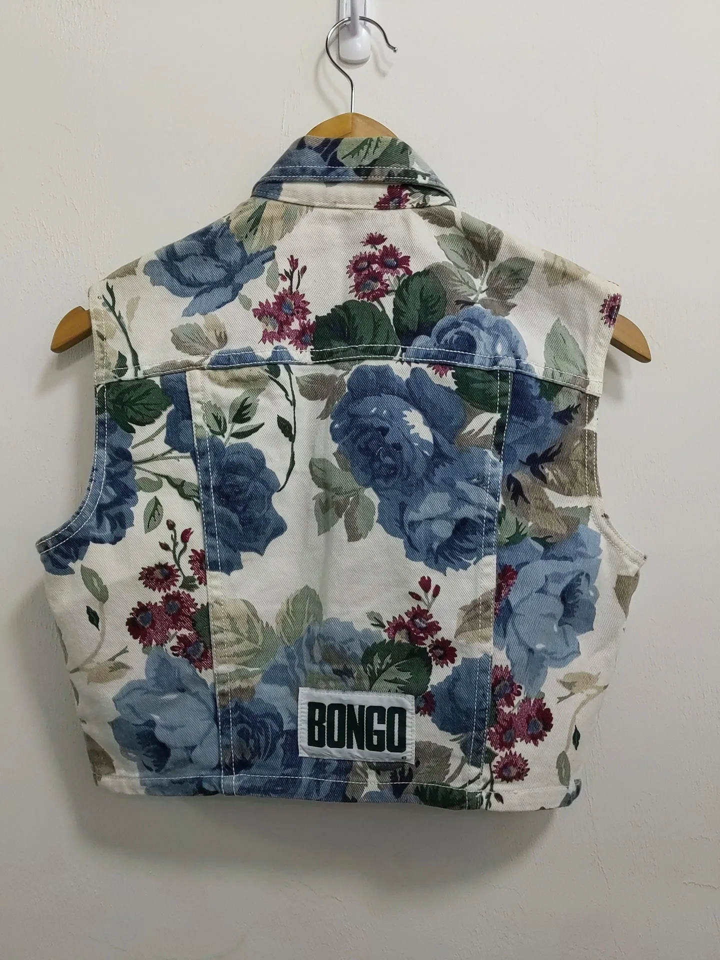 [L] Vintage Bongo Cropped Floral Print Denim Vest