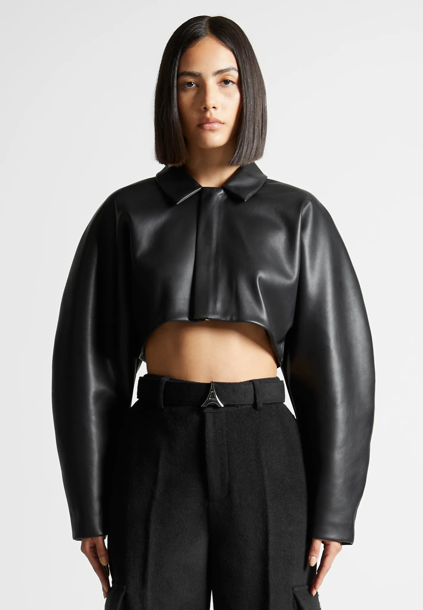 Leather Super Cropped Jacket  - Black