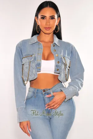 Light Denim Collared Gold Chain Pockets Button Up Crop Jacket