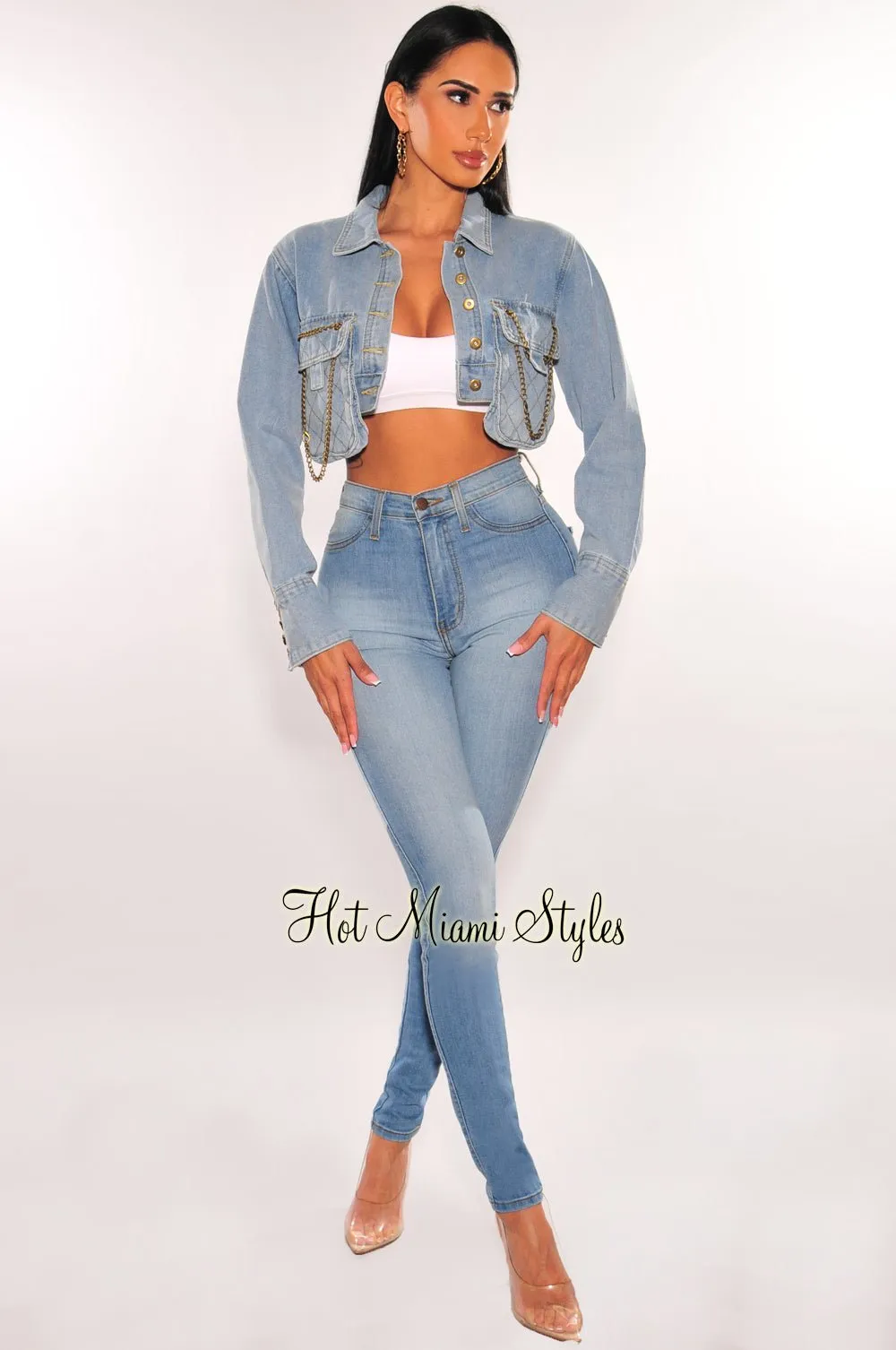 Light Denim Collared Gold Chain Pockets Button Up Crop Jacket