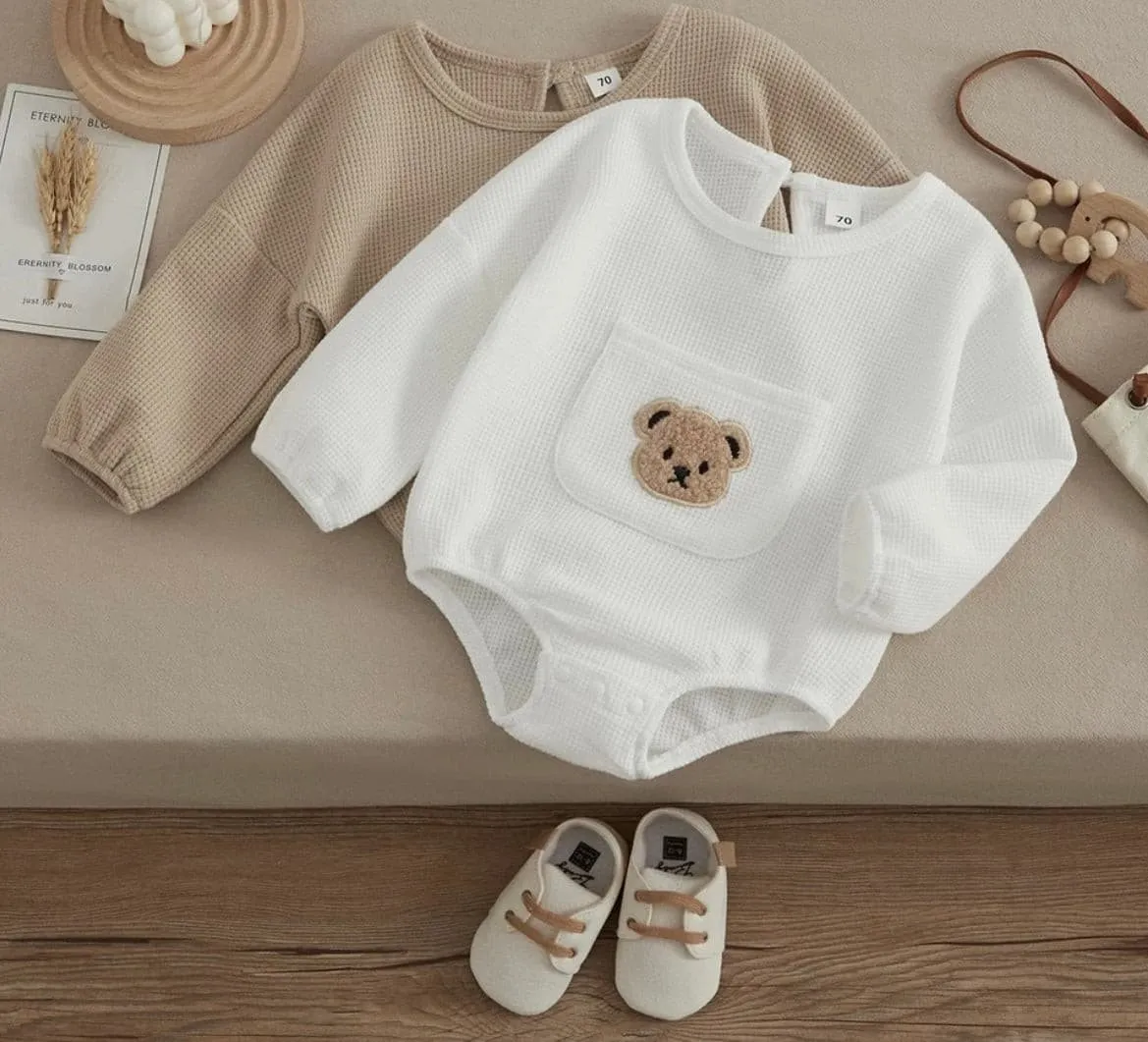 Little Bear - Waffle Knit Cotton Baby Oversized Romper