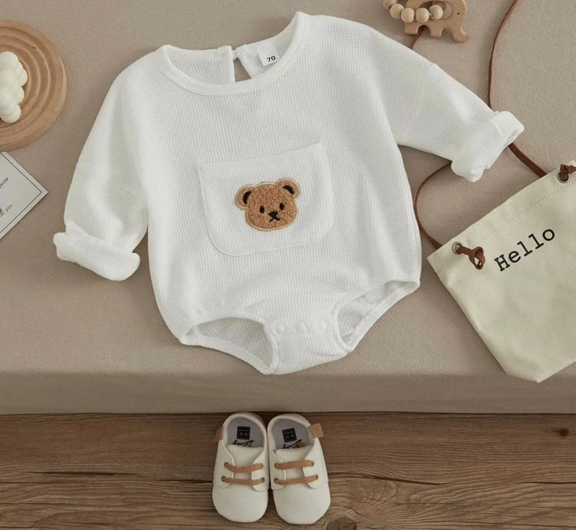 Little Bear - Waffle Knit Cotton Baby Oversized Romper