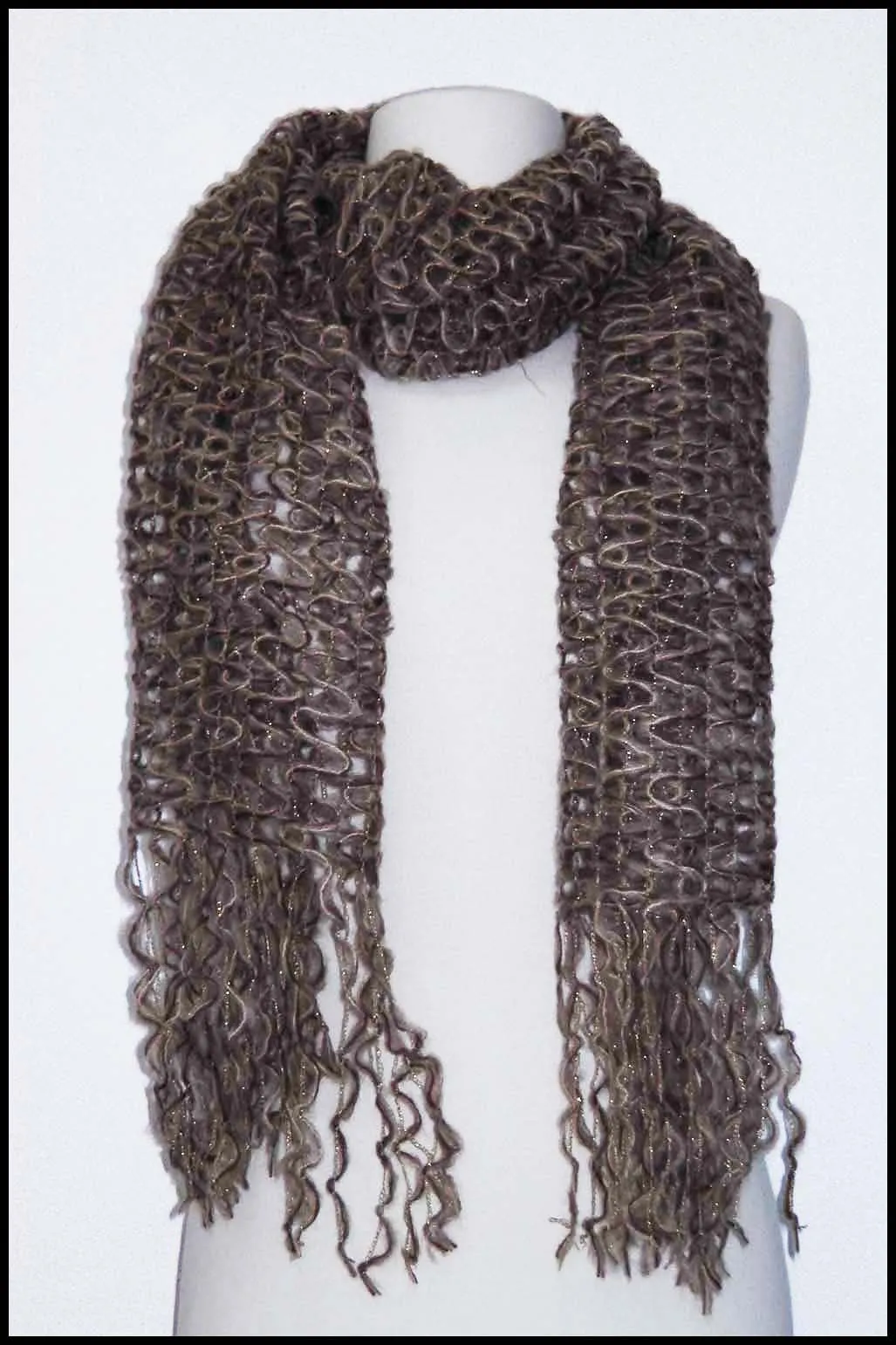 Loosely Knit Scarf with Metallic Threads and Fringed Ends