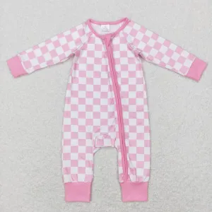 LR0810 baby girl pink plaid zipper long sleeve romper