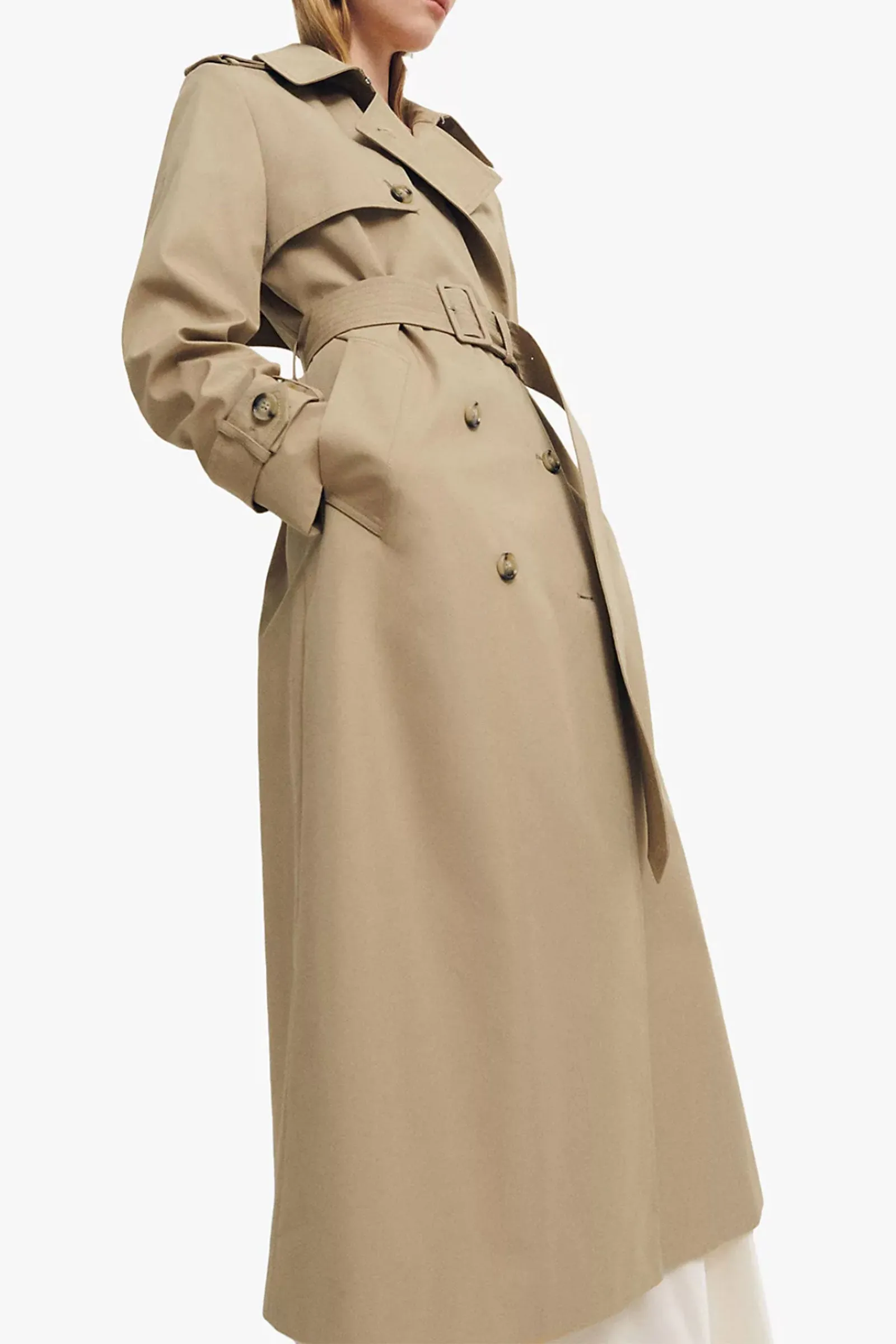 Mango Eiffel Double Breasted Cotton Blend Trench Coat, Light Beige