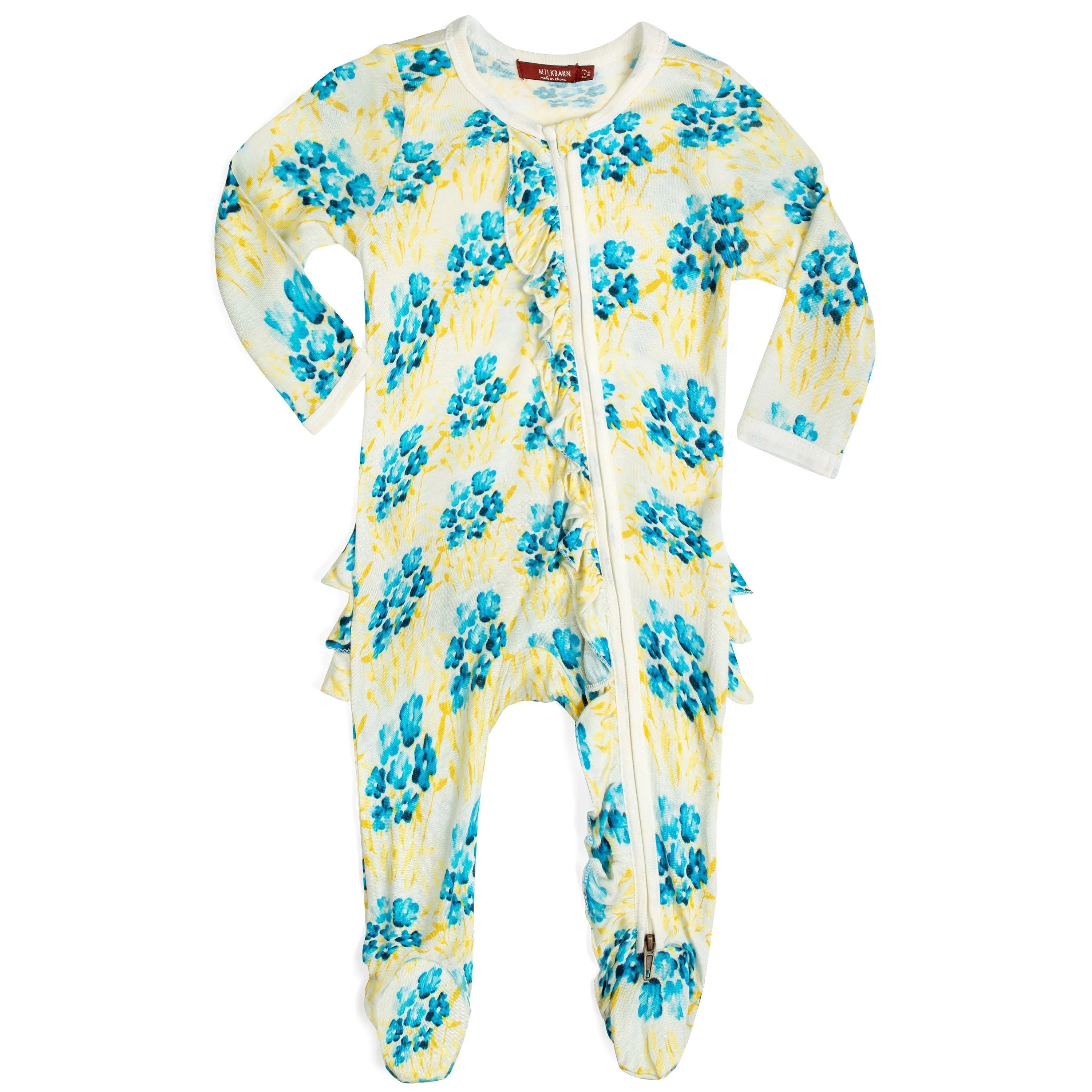 Milkbarn Kids Bamboo Ruffle ZIPPER Footed Romper | Sky Floral