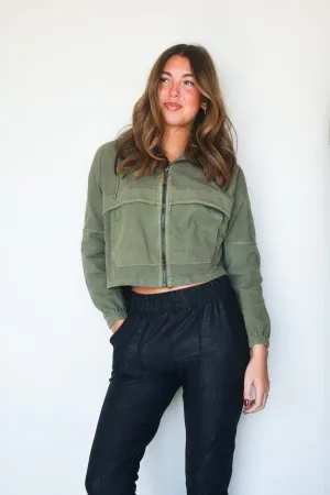 Mineral Wash Zip Up Jacket- Army Green