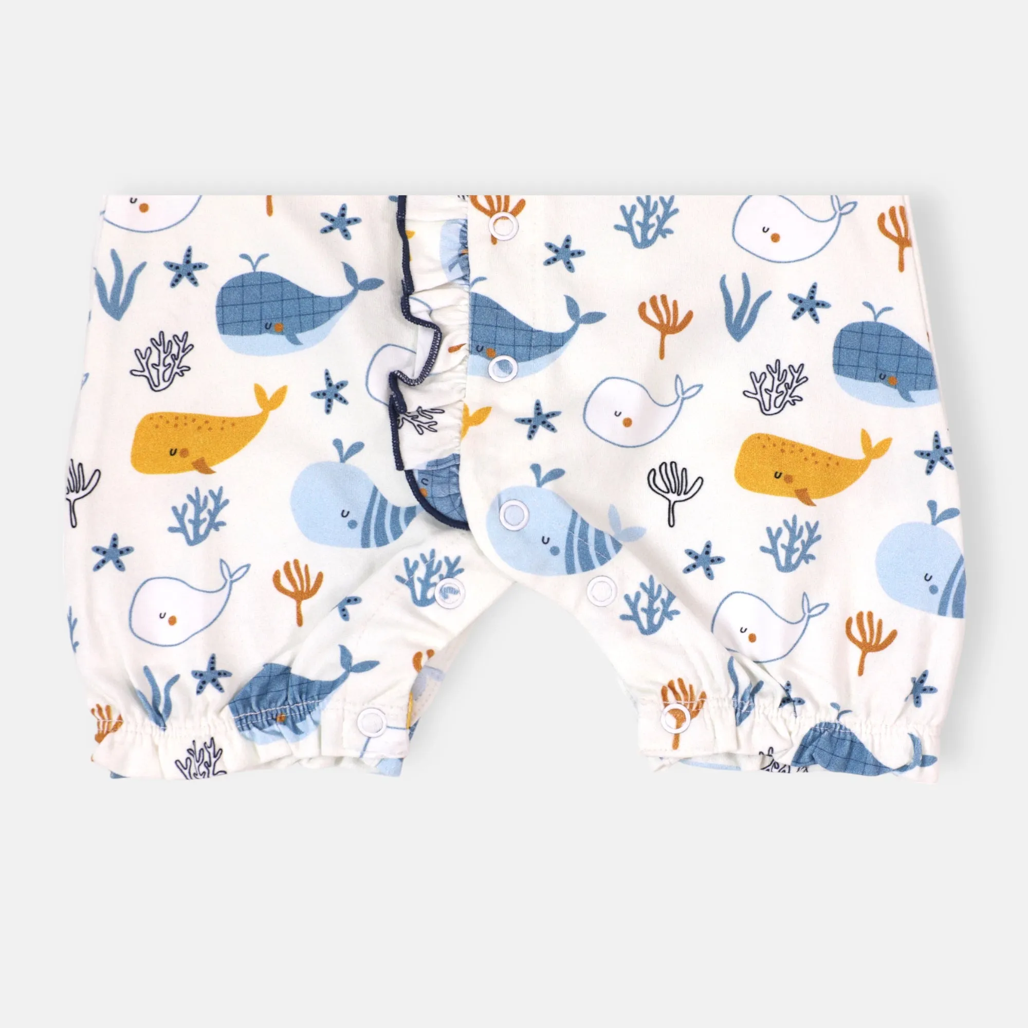 Ocean Whales Ruffle & Button Baby Romper (Organic Jersey)