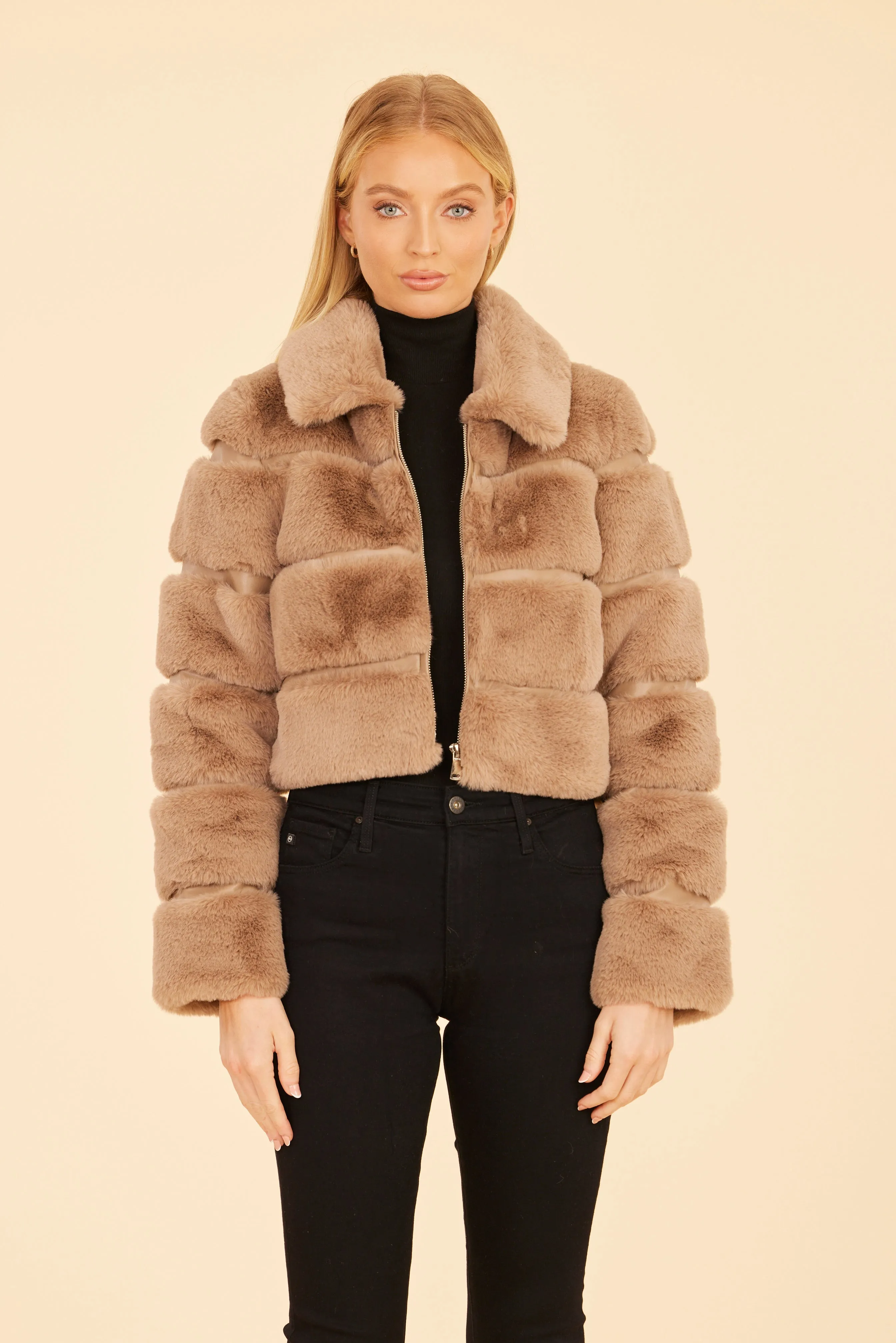 Paneled Faux Fur Vegan Leather Cropped Jacket