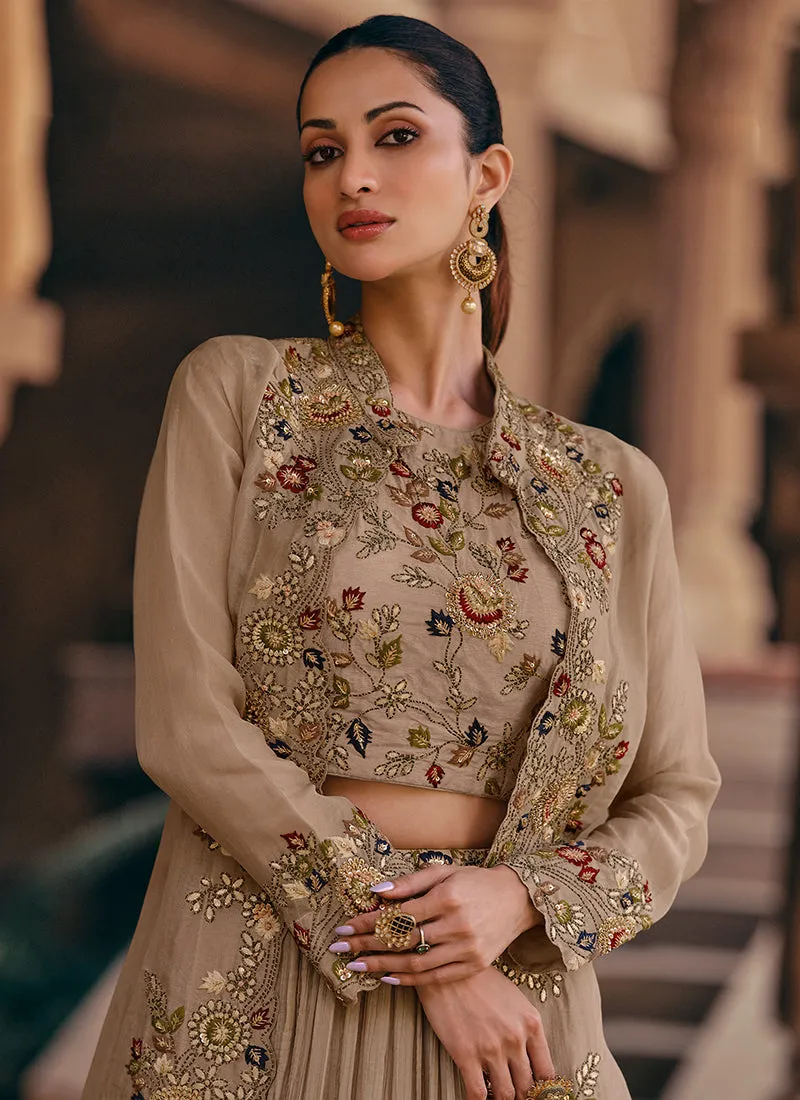 Pastel Brown Multi Embroidered Lehenga Choli With Jacket