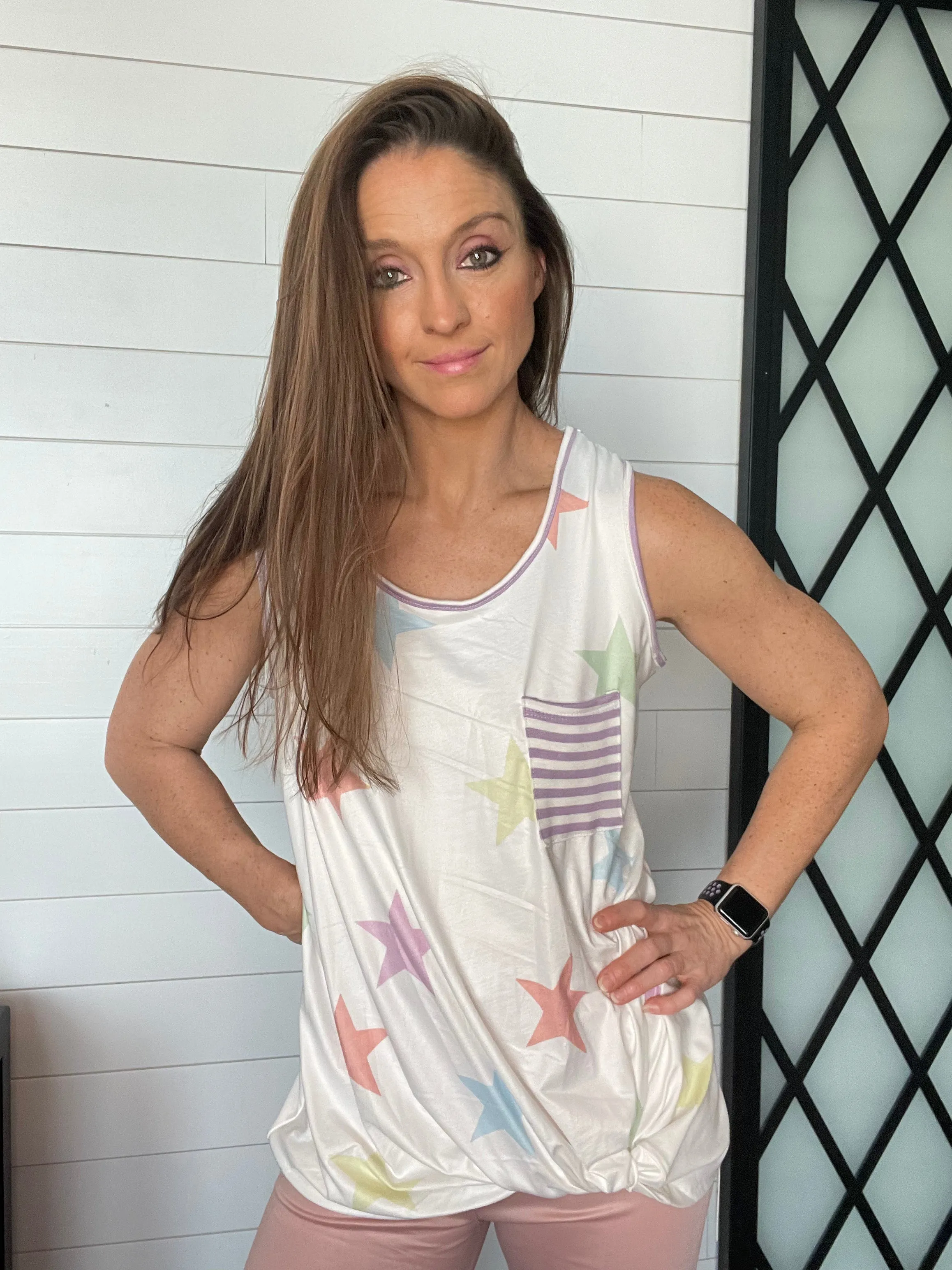 Pastel Star Print Side Twist Top with Striped Front Pocket