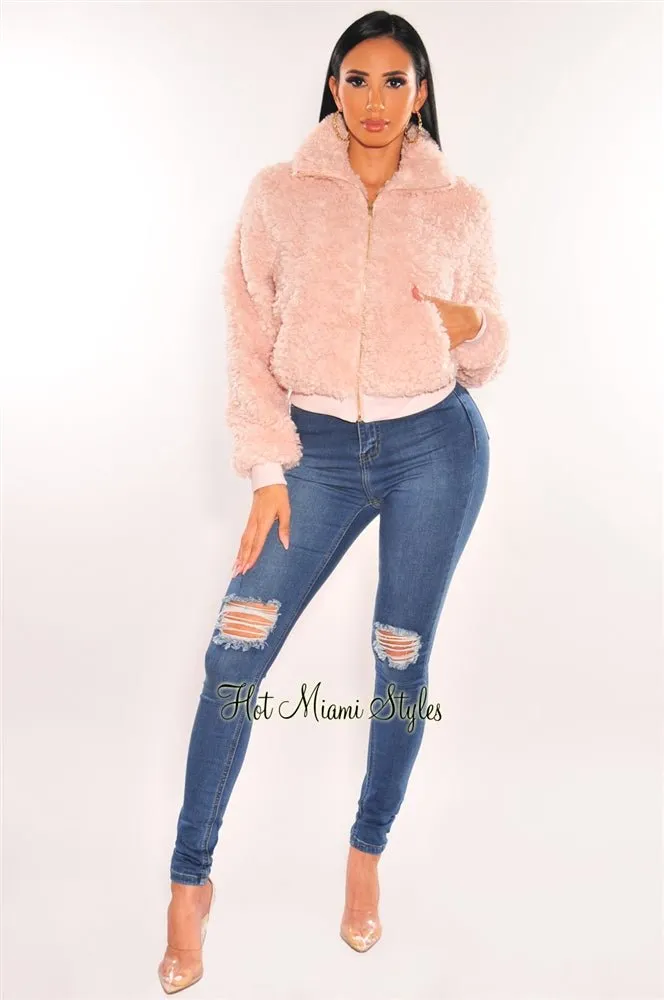 Pink Fuzzy Collared Zipper Cropped Jacket