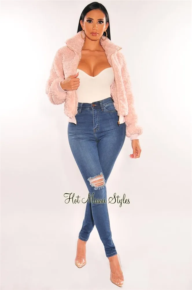 Pink Fuzzy Collared Zipper Cropped Jacket