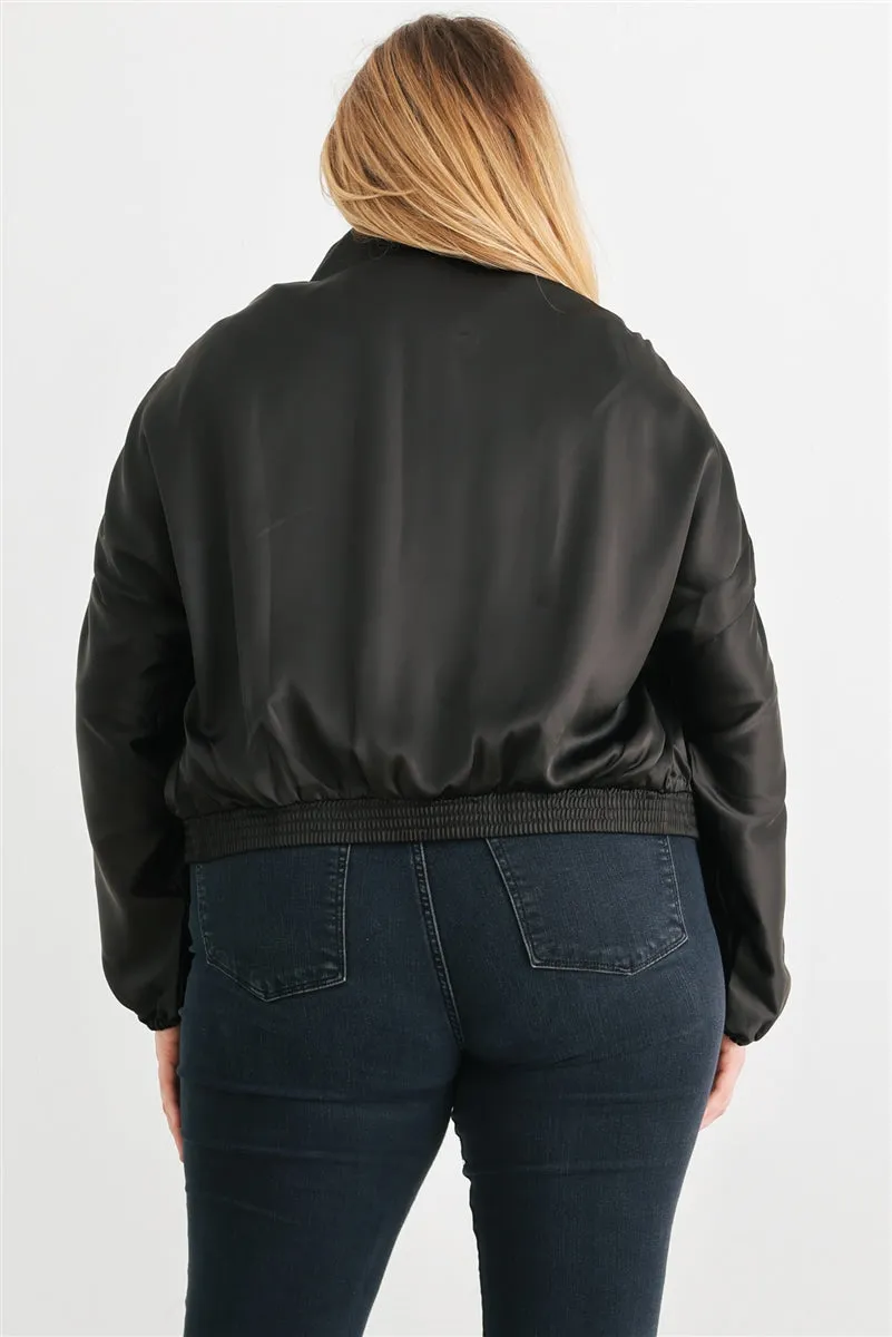 Plus Satin Zip-up Ruched Long Sleeve Cropped Bomber Jacket