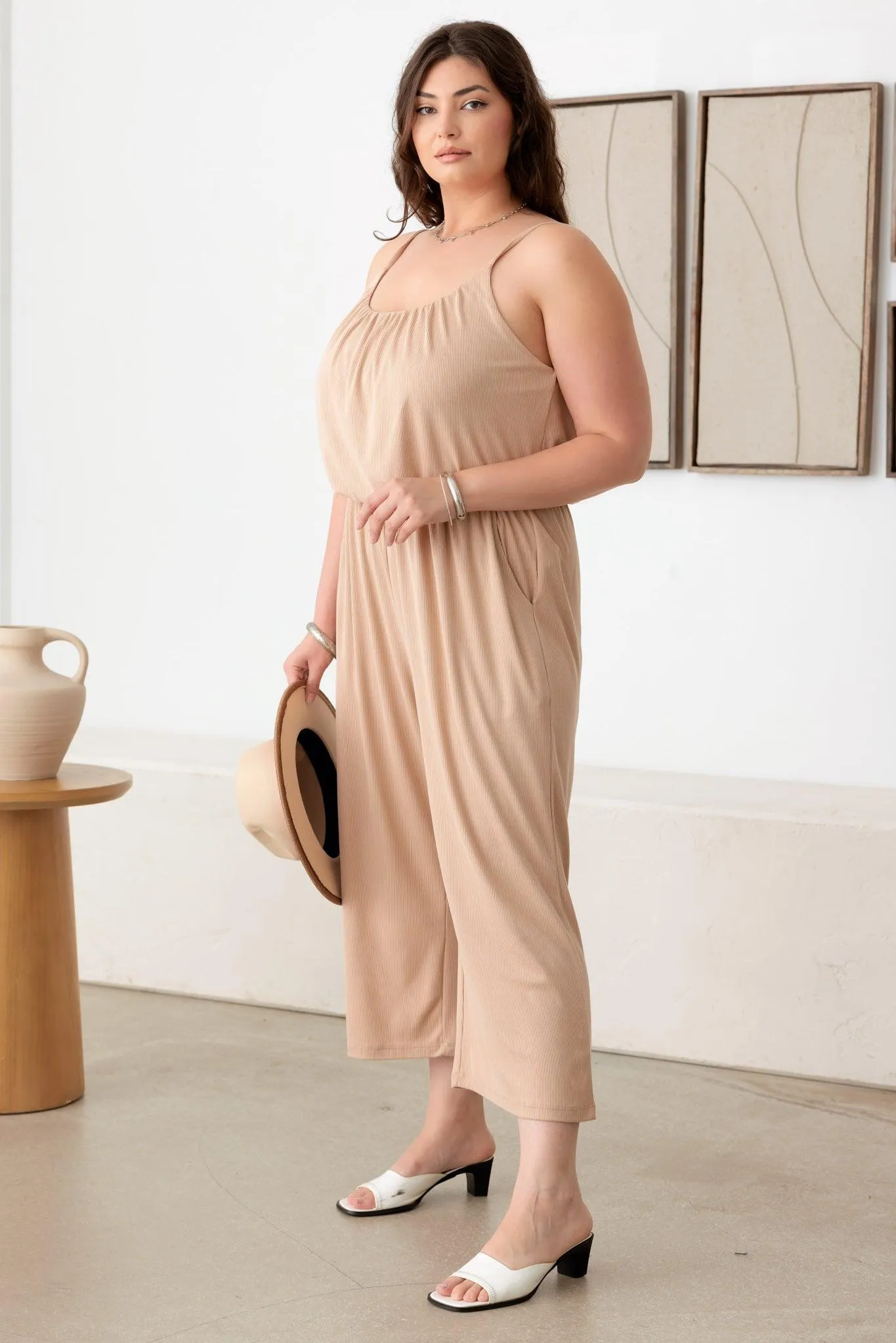 Plus Size Ribbed Cropped Spaghetti Strap Jumpsuit