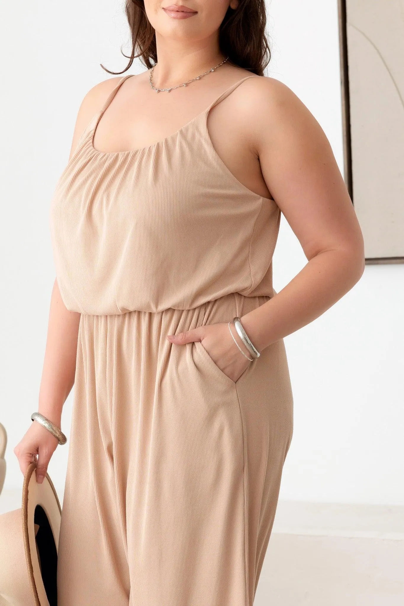 Plus Size Ribbed Cropped Spaghetti Strap Jumpsuit