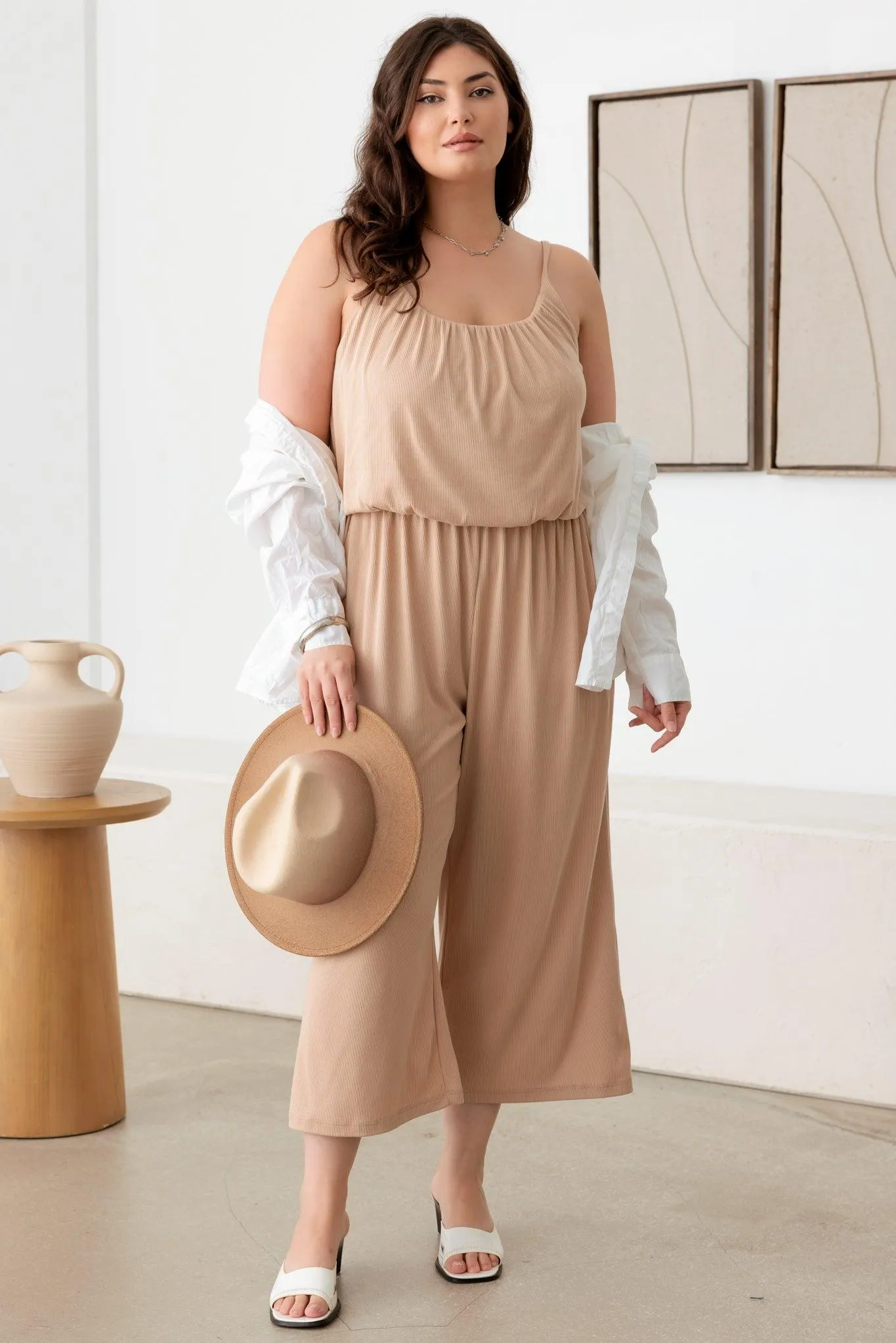 Plus Size Ribbed Cropped Spaghetti Strap Jumpsuit