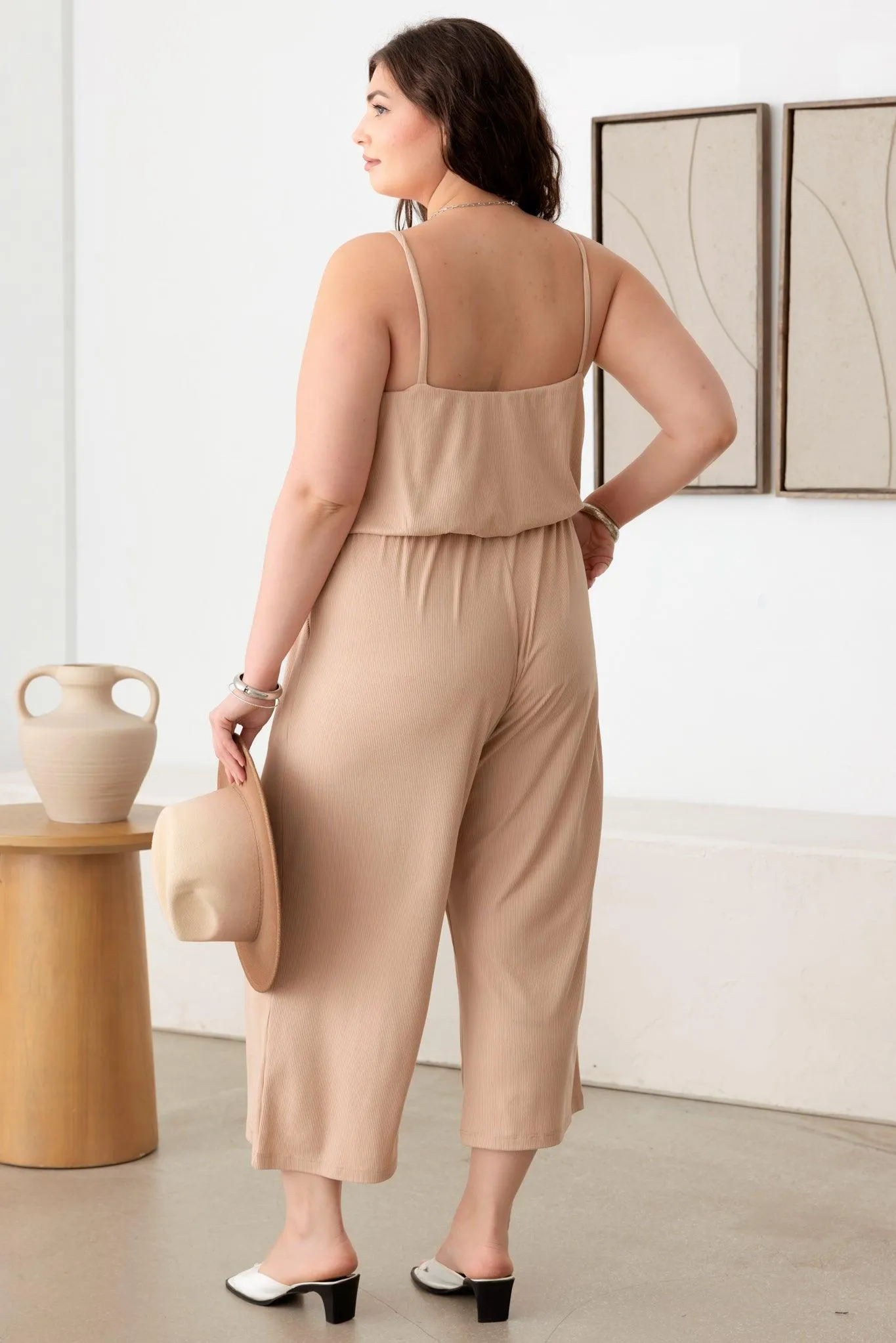 Plus Size Ribbed Cropped Spaghetti Strap Jumpsuit