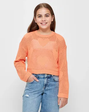 popular  Open Knit Crew Neck Jumper - Orange