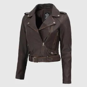 Premium Quality Nellie Women Leather Brown Distressed Cropped Jacket