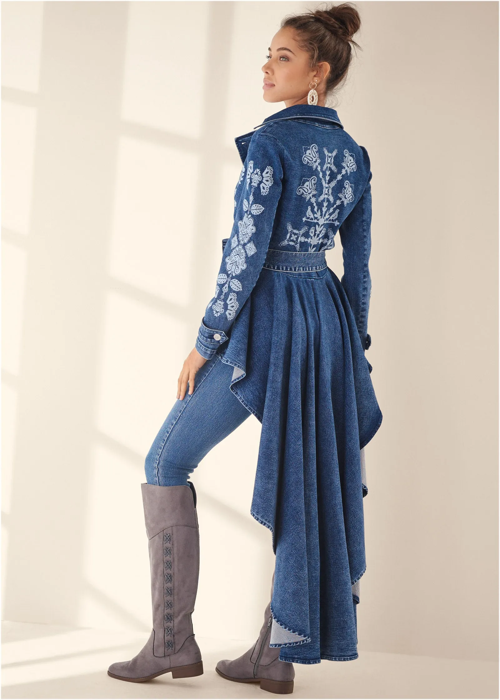 Printed High Low Denim Trench Coat - Indigo Blue