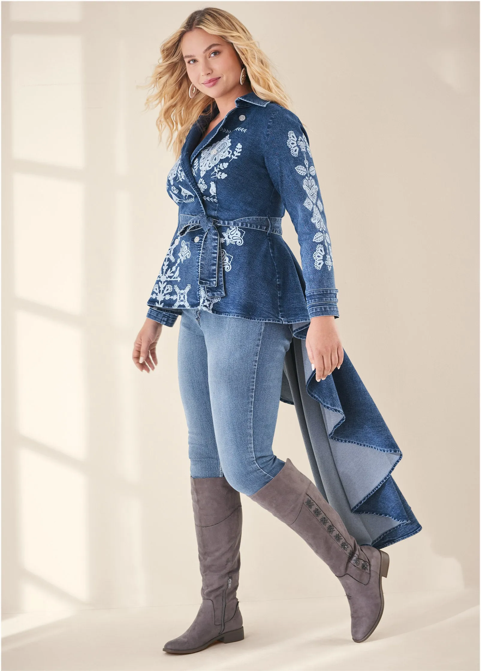 Printed High Low Denim Trench Coat - Indigo Blue