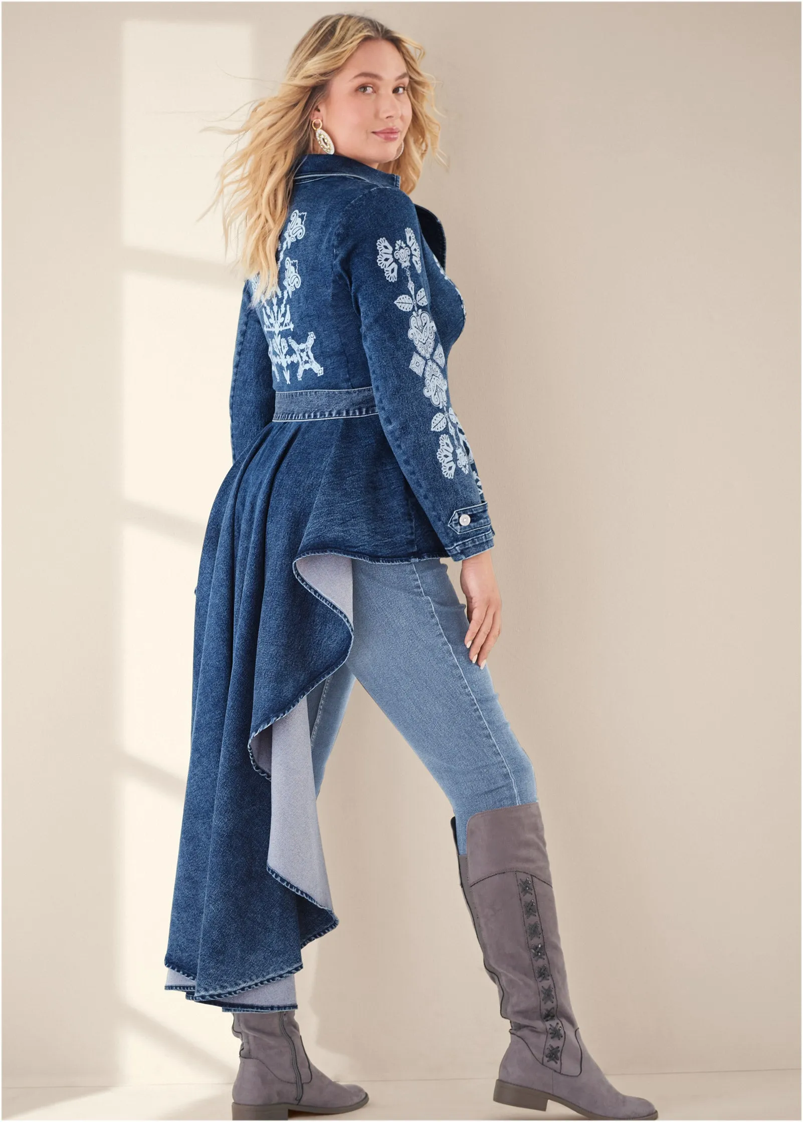 Printed High Low Denim Trench Coat - Indigo Blue