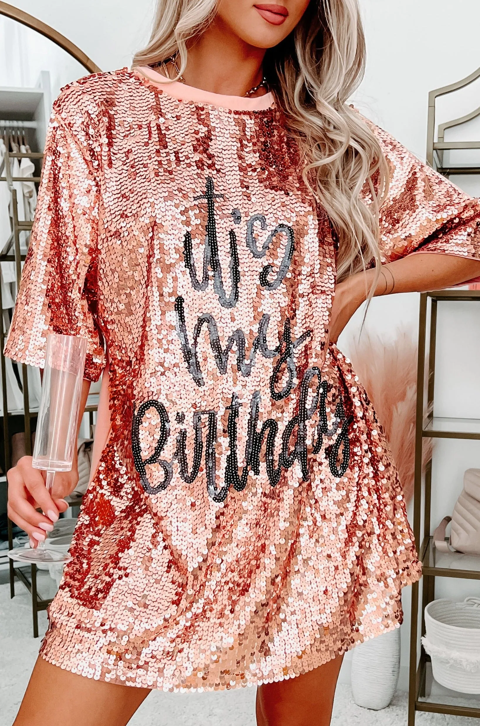 "It's My Birthday" Sequin T-Shirt Dress (Rose Gold)